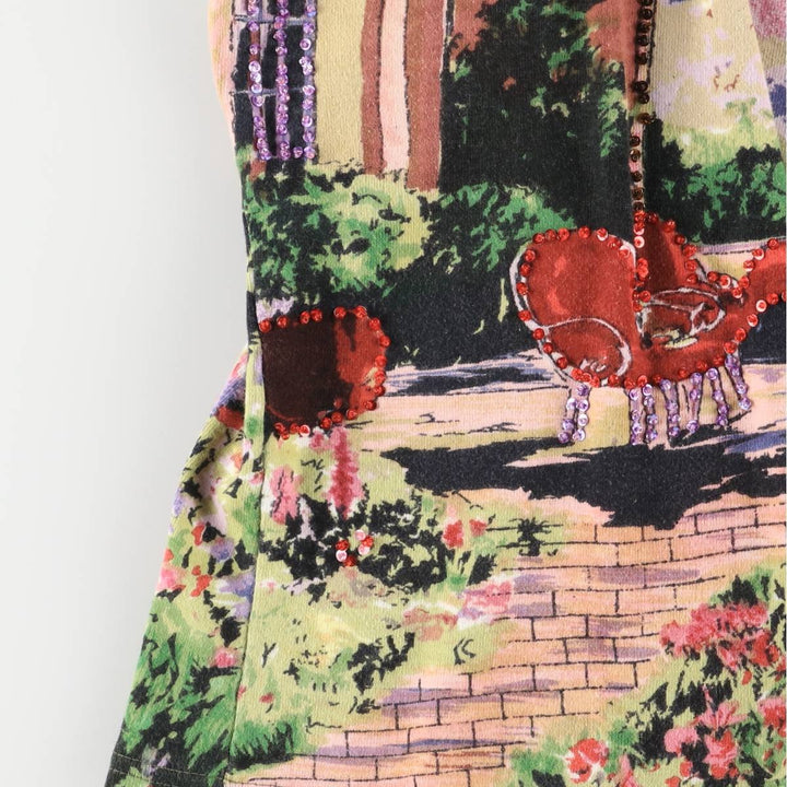 TAKE TWO All-Over Print Sequined and Beaded Cropped Tank Top, Women's Size Medium cotton pink type Vintage Second Hand