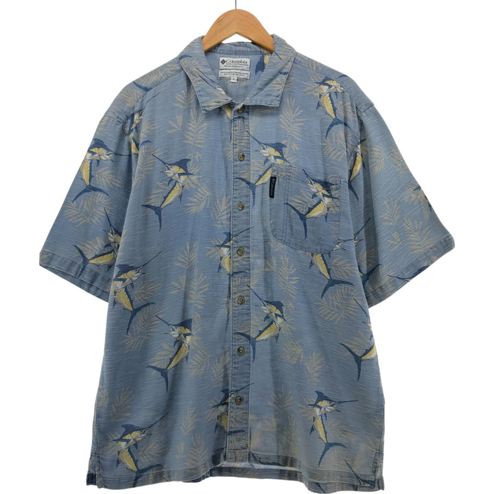 90s~00'S Columbia All-over Fish Pattern Box Shirt, Short Sleeve Cotton Shirt, Men's XS Size cotton Blue type light blue Vintage Second Hand