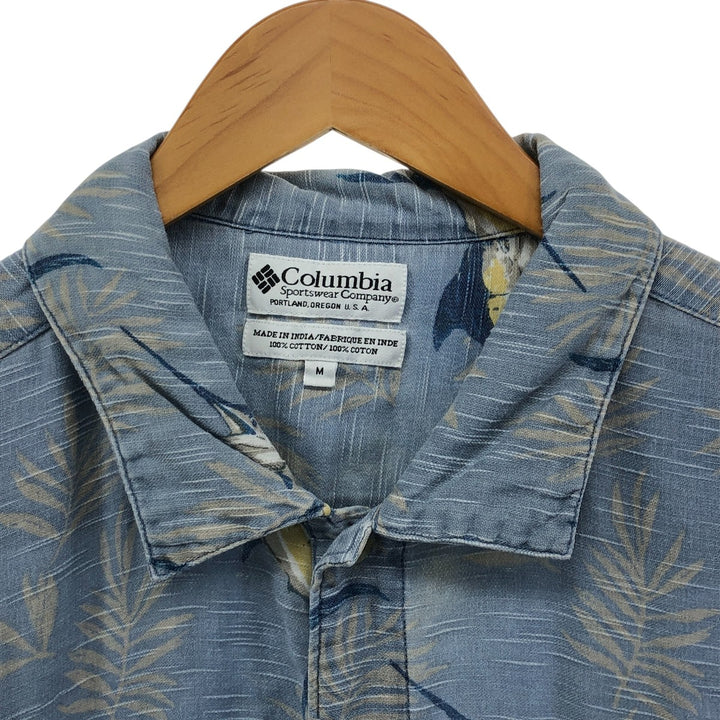 90s~00'S Columbia All-over Fish Pattern Box Shirt, Short Sleeve Cotton Shirt, Men's XS Size cotton Blue type light blue Vintage Second Hand