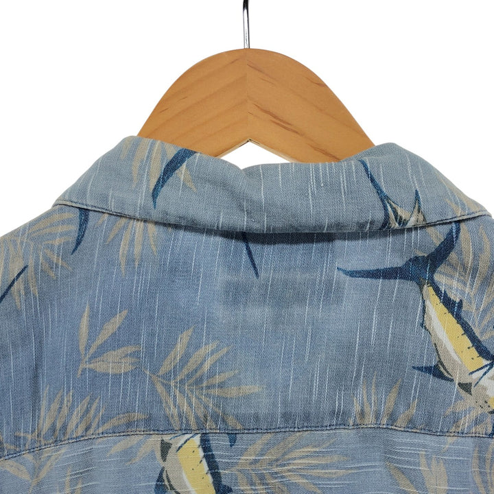 90s~00'S Columbia All-over Fish Pattern Box Shirt, Short Sleeve Cotton Shirt, Men's XS Size cotton Blue type light blue Vintage Second Hand