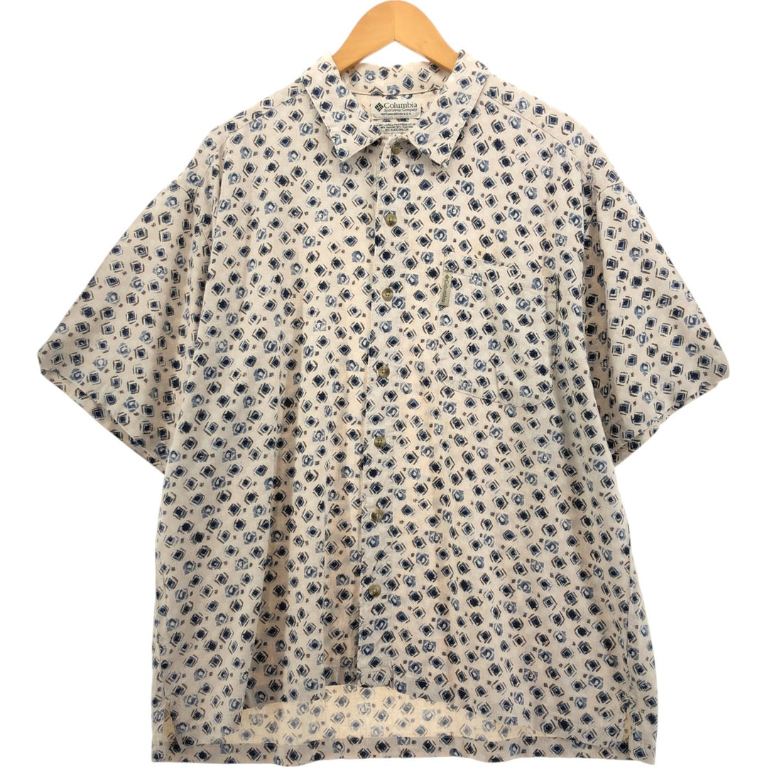 90'S Columbia all-over print short-sleeve rayon shirt, made in Sri Lanka, size L, men's size L, vintage Viscose rayon pale white type Vintage Second Hand