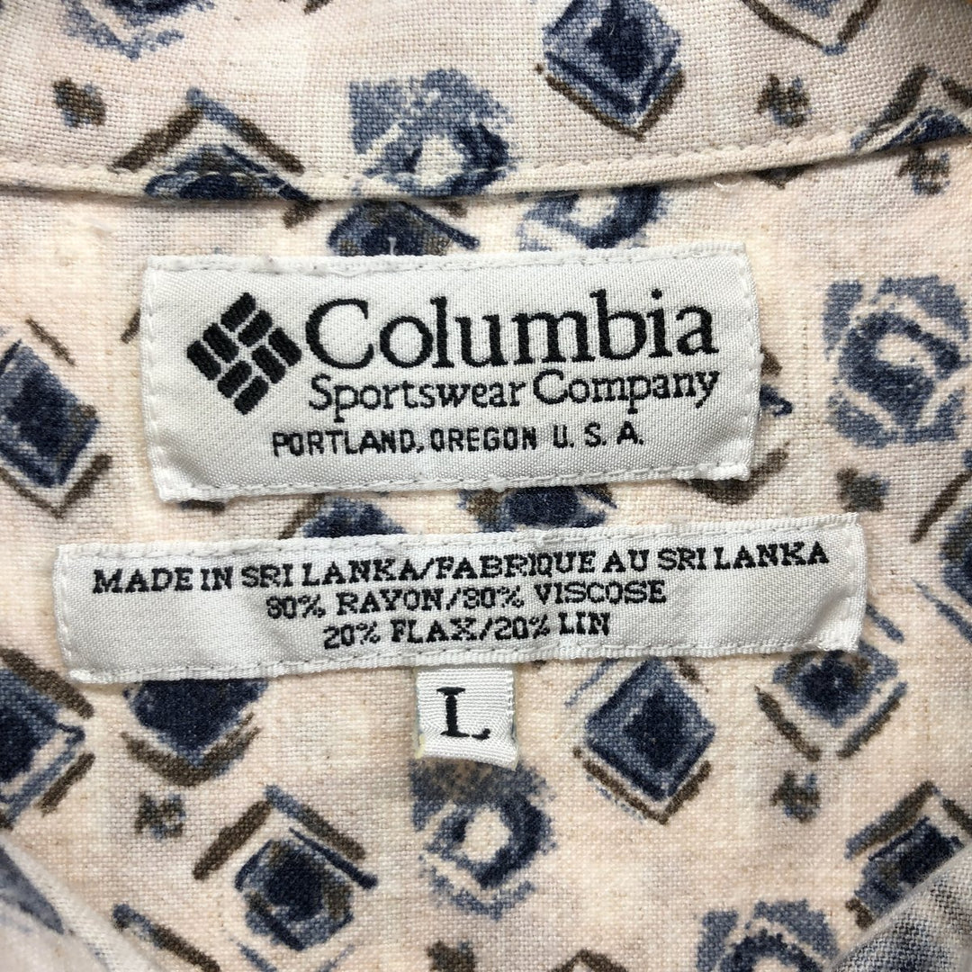 90'S Columbia all-over print short-sleeve rayon shirt, made in Sri Lanka, size L, men's size L, vintage Viscose rayon pale white type Vintage Second Hand