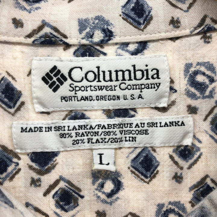 90'S Columbia all-over print short-sleeve rayon shirt, made in Sri Lanka, size L, men's size L, vintage Viscose rayon pale white type Vintage Second Hand