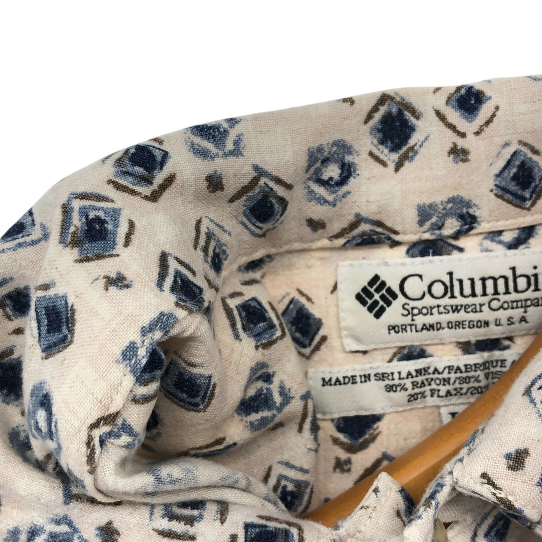 90'S Columbia all-over print short-sleeve rayon shirt, made in Sri Lanka, size L, men's size L, vintage Viscose rayon pale white type Vintage Second Hand