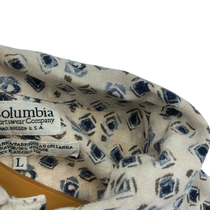90'S Columbia all-over print short-sleeve rayon shirt, made in Sri Lanka, size L, men's size L, vintage Viscose rayon pale white type Vintage Second Hand