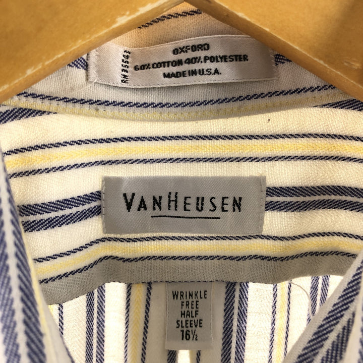 Van Heusen Border Pattern Short Sleeve Button-Down Shirt Made in USA Men's Size L cotton white type Vintage Second Hand