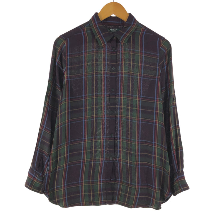 Ralph Lauren LAUREN Check Pattern Long Sleeve Viscose Shirt Women's M Viscose brown type Vintage Second Hand