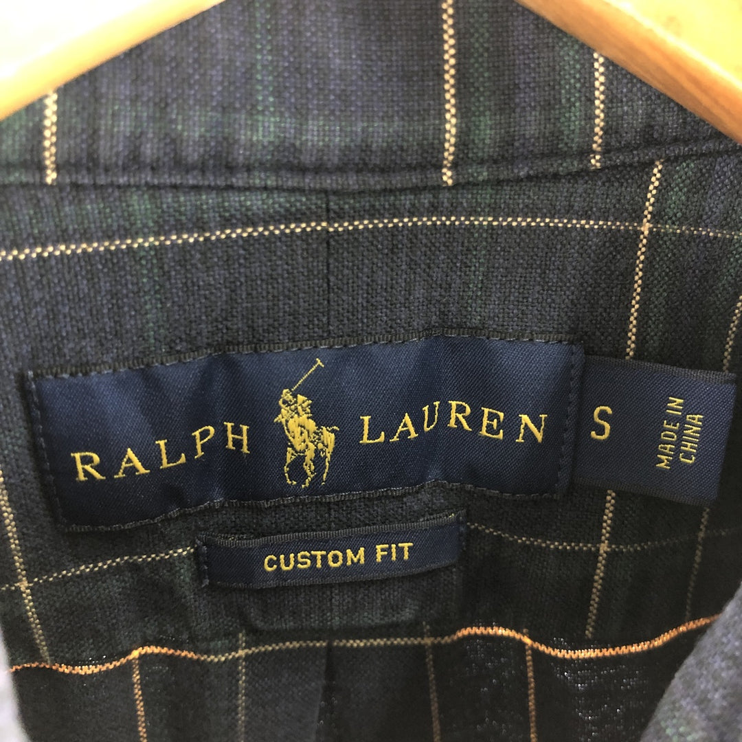 Ralph Lauren CUSTOM FIT long sleeve button down check shirt, men's size S cotton navy blue type Vintage Second Hand