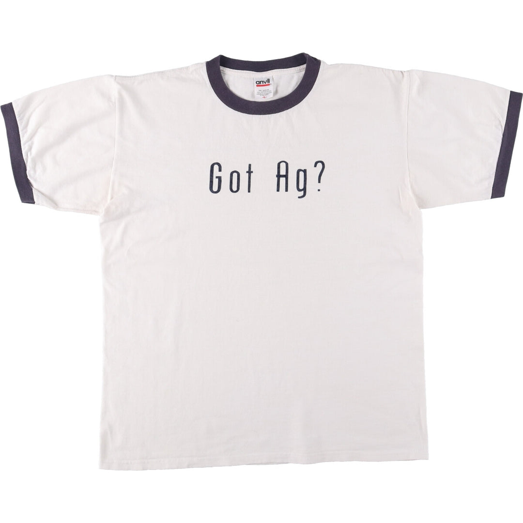 90'S Anvil Message Ringer T-shirt, Men's L size, Vintage cotton white type Vintage Second Hand