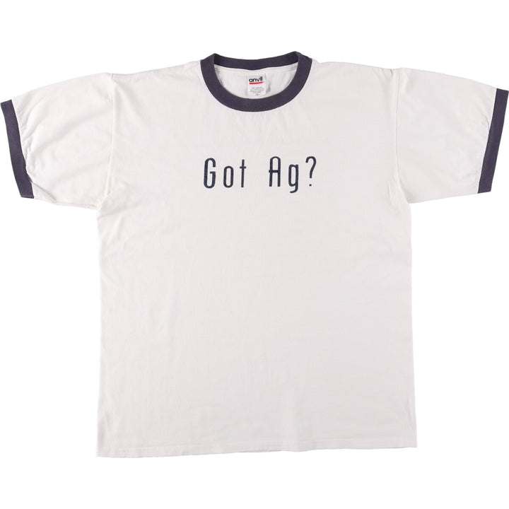 90'S Anvil Message Ringer T-shirt, Men's L size, Vintage cotton white type Vintage Second Hand