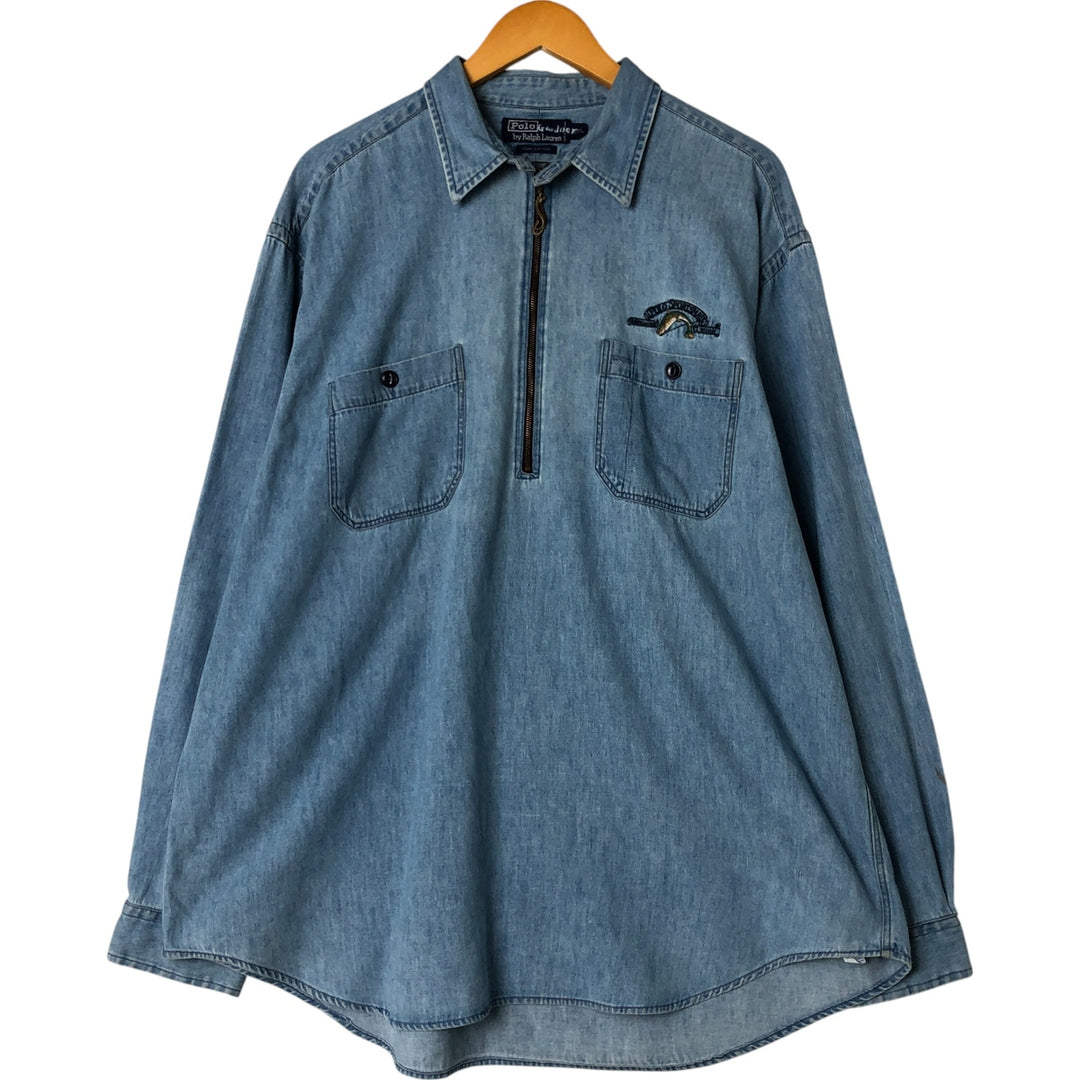 Ralph Lauren POLO by Ralph Lauren Half-Zip Pullover Long Sleeve Denim Shirt, Men's XXL cotton blue type Vintage Second Hand
