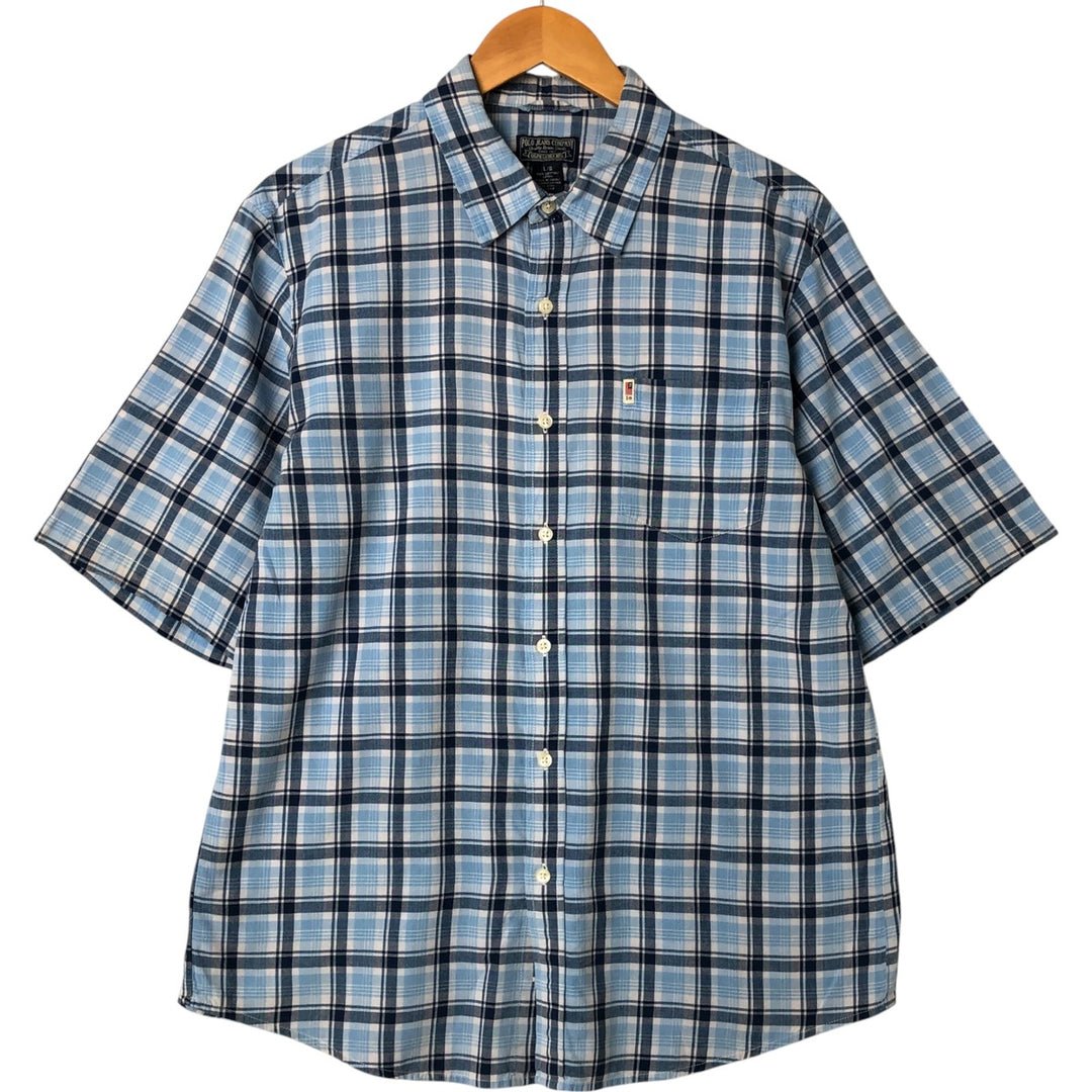 00'S Ralph Lauren POLO JEANS COMPANY short sleeve button down check shirt men's size L cotton Blue type light blue Vintage Second Hand