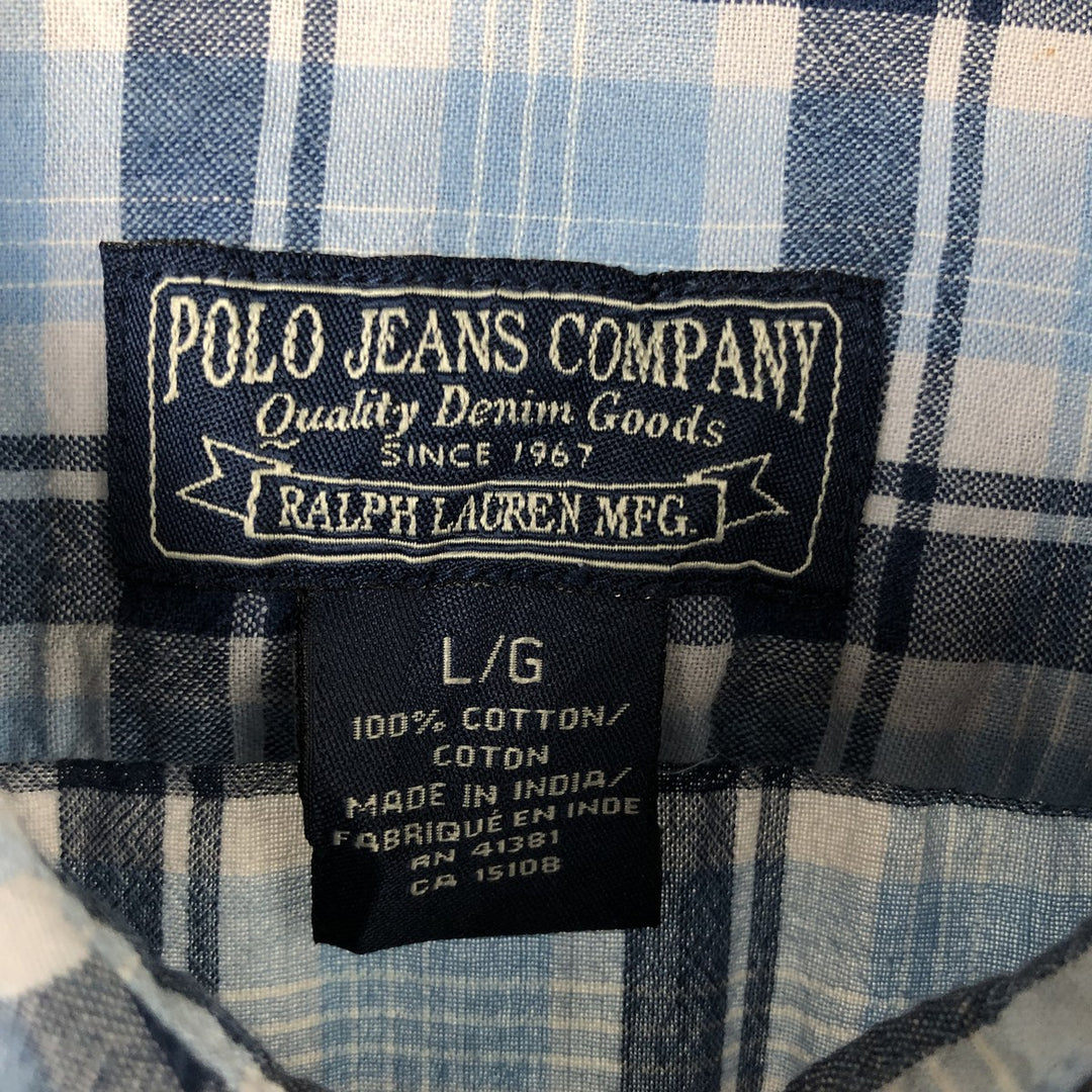 00'S Ralph Lauren POLO JEANS COMPANY short sleeve button down check shirt men's size L cotton Blue type light blue Vintage Second Hand