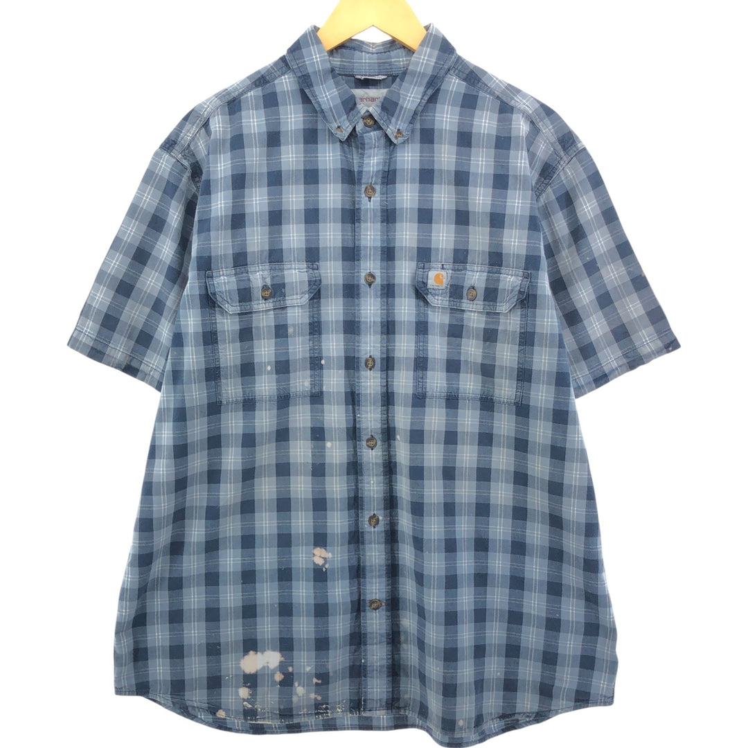 Carhartt RELAXED FIT Check Pattern Button-down Short Sleeve Work Shirt, Men's XL cotton navy blue type Vintage Second Hand