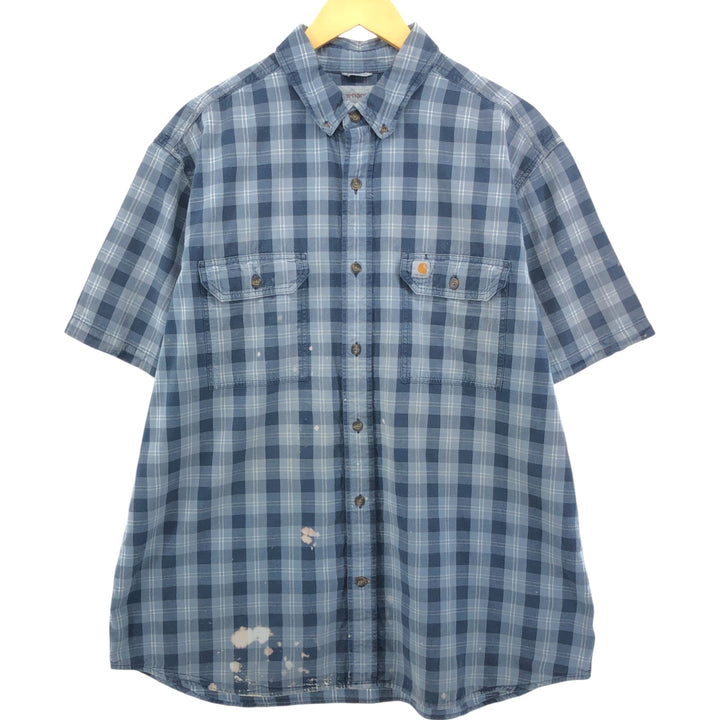 Carhartt RELAXED FIT Check Pattern Button-down Short Sleeve Work Shirt, Men's XL cotton navy blue type Vintage Second Hand