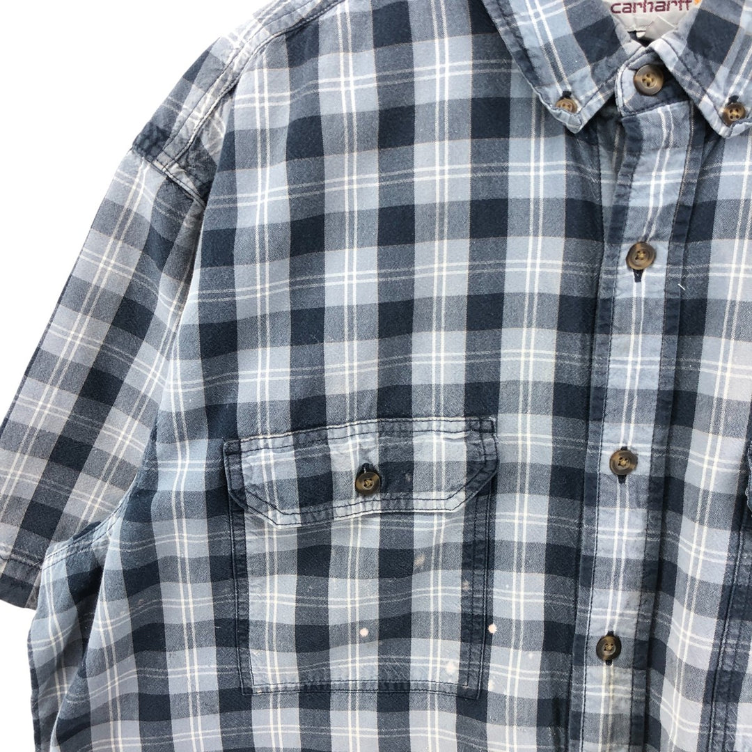 Carhartt RELAXED FIT Check Pattern Button-down Short Sleeve Work Shirt, Men's XL cotton navy blue type Vintage Second Hand