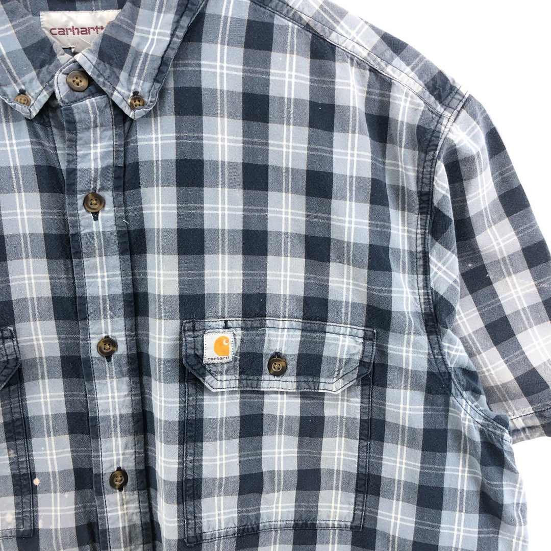 Carhartt RELAXED FIT Check Pattern Button-down Short Sleeve Work Shirt, Men's XL cotton navy blue type Vintage Second Hand