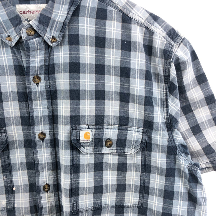 Carhartt RELAXED FIT Check Pattern Button-down Short Sleeve Work Shirt, Men's XL cotton navy blue type Vintage Second Hand
