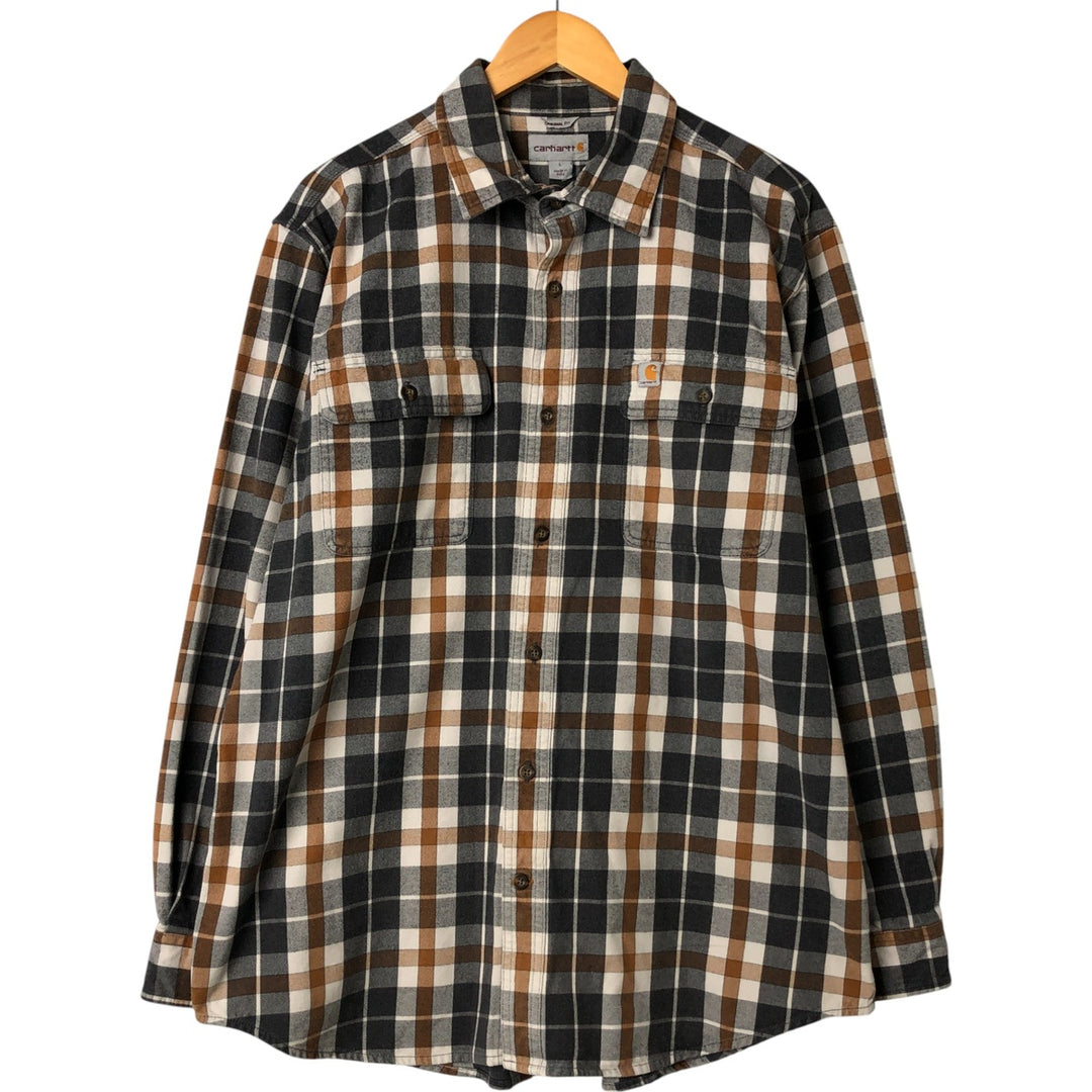 00'S Carhartt ORIGINAL FIT long sleeve flannel check shirt, men's size L cotton beige type brown Vintage Second Hand