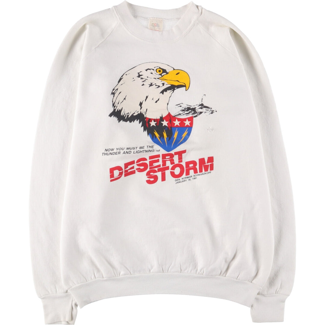 90'S Fruit of the Loom Desert Storm Eagle Pattern Print Sweatshirt, Made in USA, Men's XL cotton white type Vintage Second Hand