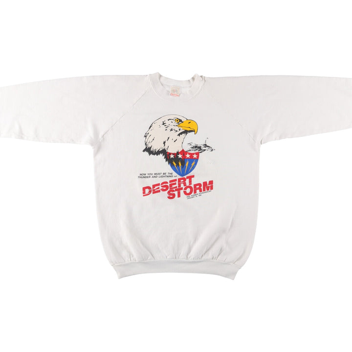 90'S Fruit of the Loom Desert Storm Eagle Pattern Print Sweatshirt, Made in USA, Men's XL cotton white type Vintage Second Hand