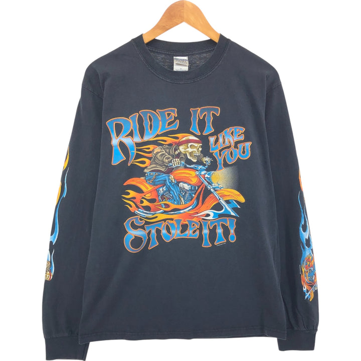 00'S Gildan Fire Pattern Skull Pattern Message Long T-shirt Long T Men's M size cotton black type Vintage Second Hand