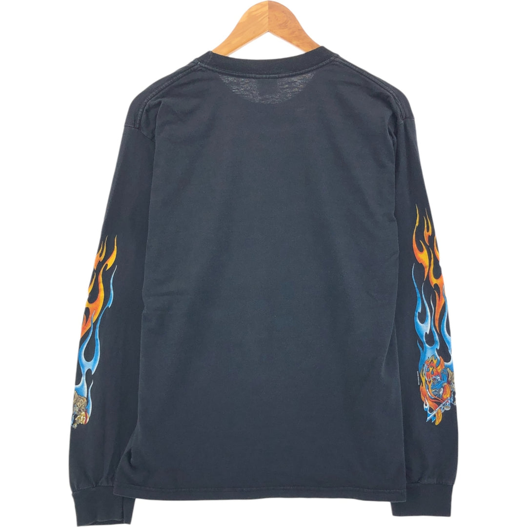 00'S Gildan Fire Pattern Skull Pattern Message Long T-shirt Long T Men's M size cotton black type Vintage Second Hand