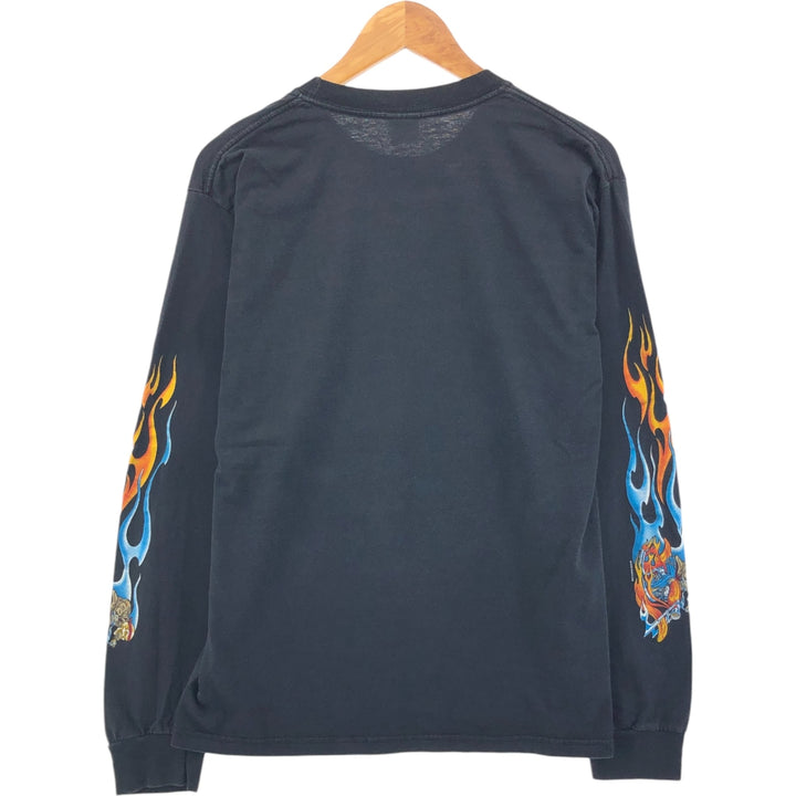 00'S Gildan Fire Pattern Skull Pattern Message Long T-shirt Long T Men's M size cotton black type Vintage Second Hand