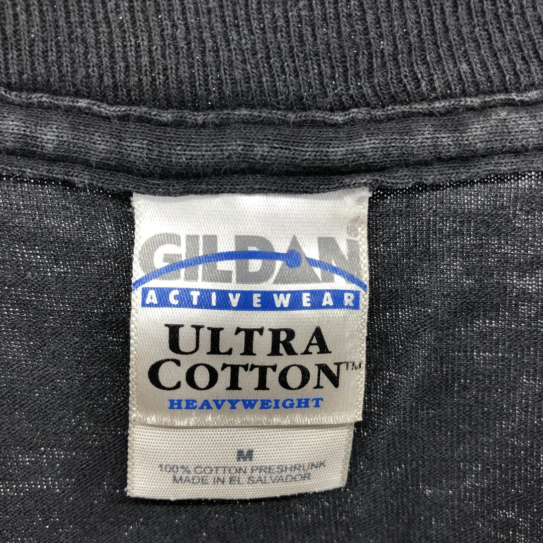 00'S Gildan Fire Pattern Skull Pattern Message Long T-shirt Long T Men's M size cotton black type Vintage Second Hand