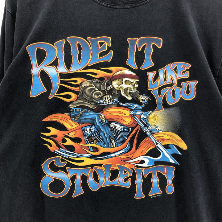 00'S Gildan Fire Pattern Skull Pattern Message Long T-shirt Long T Men's M size cotton black type Vintage Second Hand