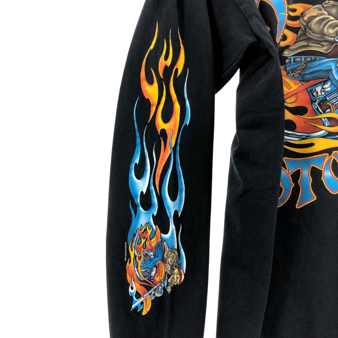 00'S Gildan Fire Pattern Skull Pattern Message Long T-shirt Long T Men's M size cotton black type Vintage Second Hand
