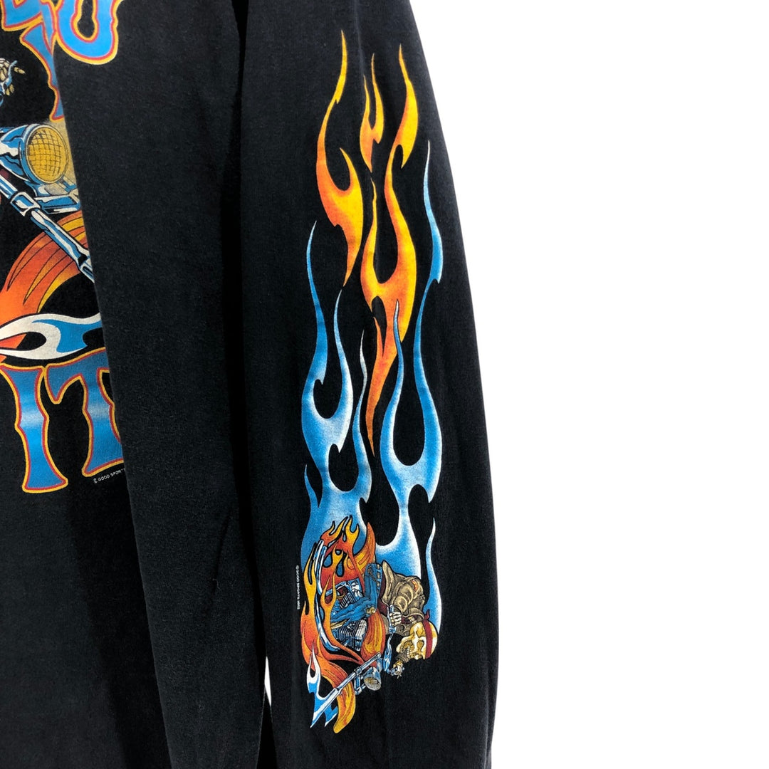 00'S Gildan Fire Pattern Skull Pattern Message Long T-shirt Long T Men's M size cotton black type Vintage Second Hand
