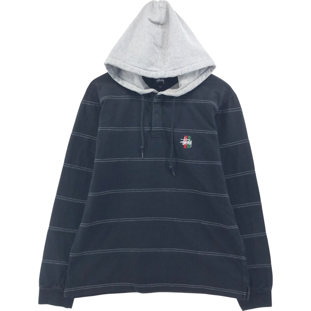 STUSSY Border Pattern Hooded Half Snap Long T-shirt, Men's M size cotton black type Vintage Second Hand