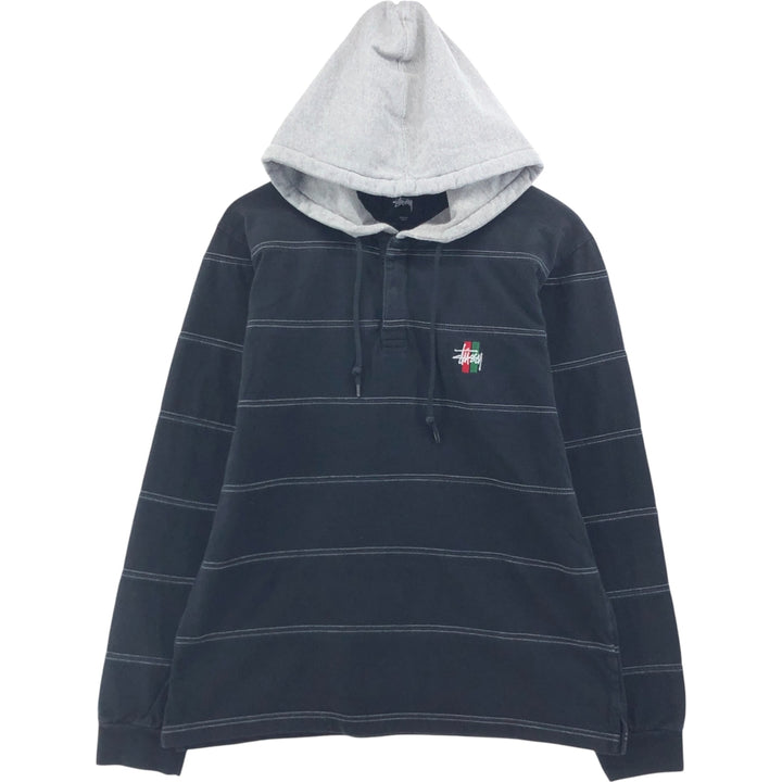 STUSSY Border Pattern Hooded Half Snap Long T-shirt, Men's M size cotton black type Vintage Second Hand