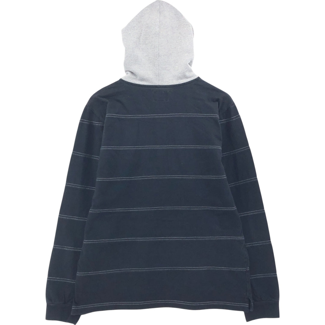 STUSSY Border Pattern Hooded Half Snap Long T-shirt, Men's M size cotton black type Vintage Second Hand