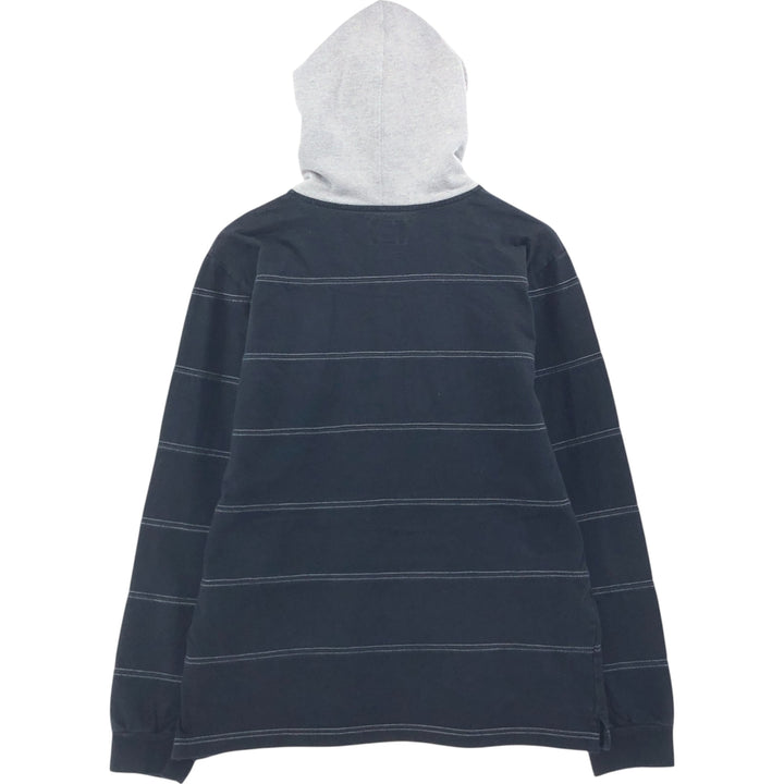 STUSSY Border Pattern Hooded Half Snap Long T-shirt, Men's M size cotton black type Vintage Second Hand