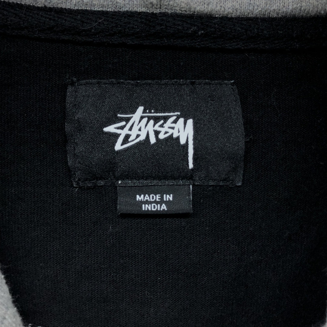 STUSSY Border Pattern Hooded Half Snap Long T-shirt, Men's M size cotton black type Vintage Second Hand