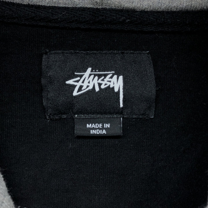 STUSSY Border Pattern Hooded Half Snap Long T-shirt, Men's M size cotton black type Vintage Second Hand