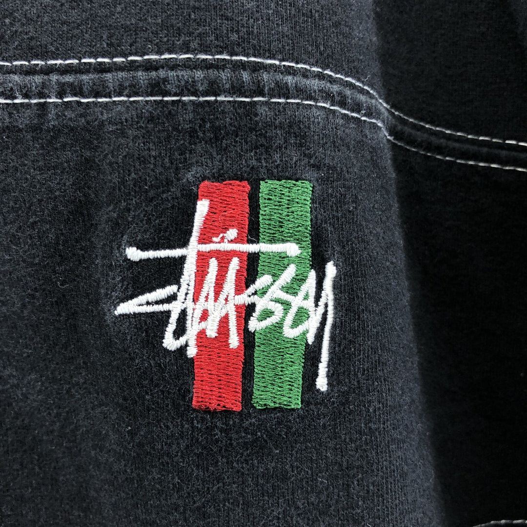 STUSSY Border Pattern Hooded Half Snap Long T-shirt, Men's M size cotton black type Vintage Second Hand