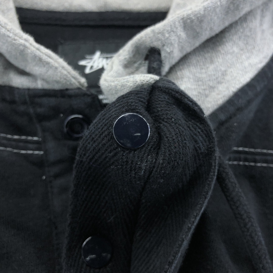 STUSSY Border Pattern Hooded Half Snap Long T-shirt, Men's M size cotton black type Vintage Second Hand