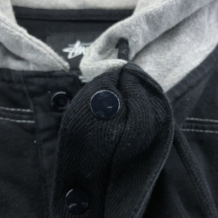STUSSY Border Pattern Hooded Half Snap Long T-shirt, Men's M size cotton black type Vintage Second Hand