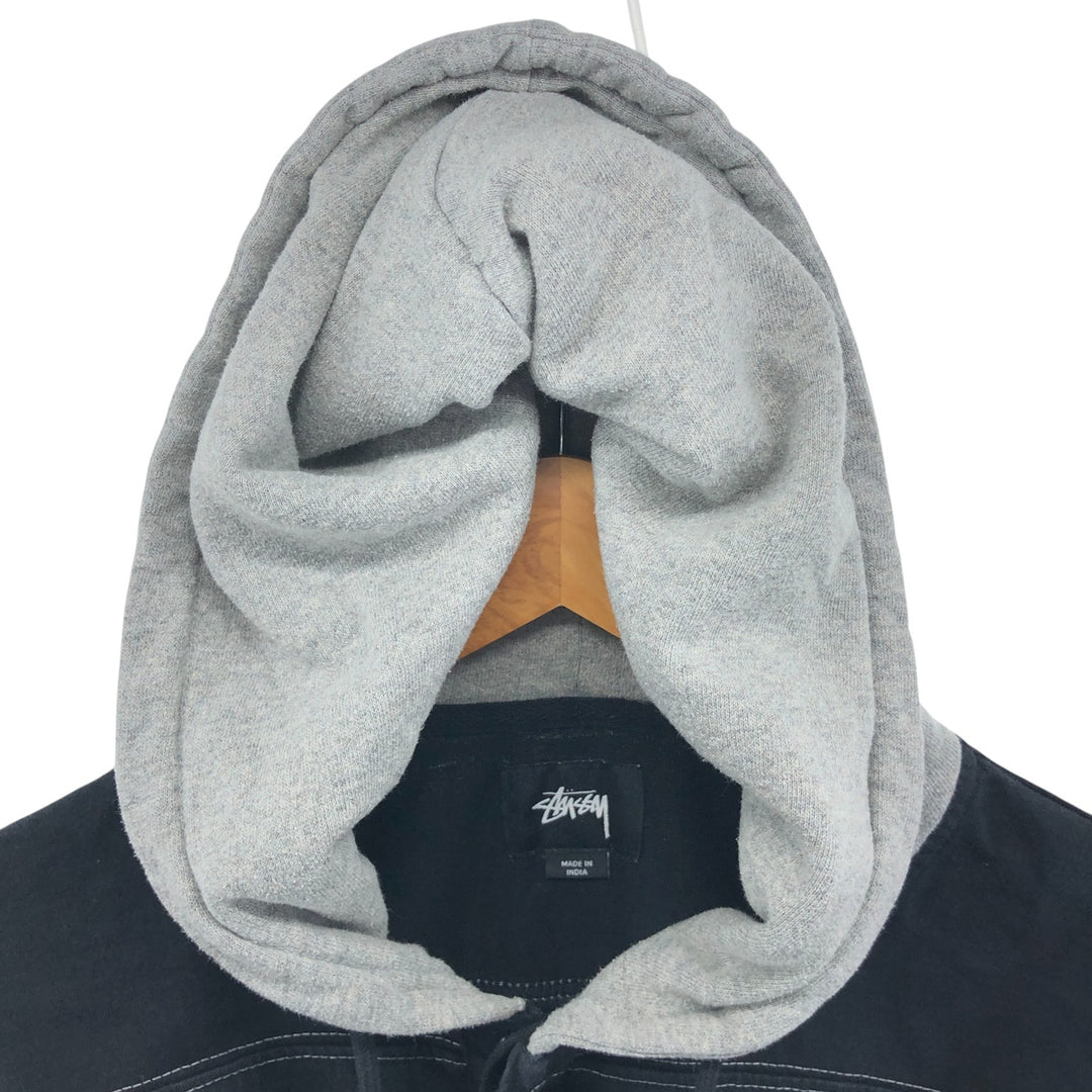 STUSSY Border Pattern Hooded Half Snap Long T-shirt, Men's M size cotton black type Vintage Second Hand