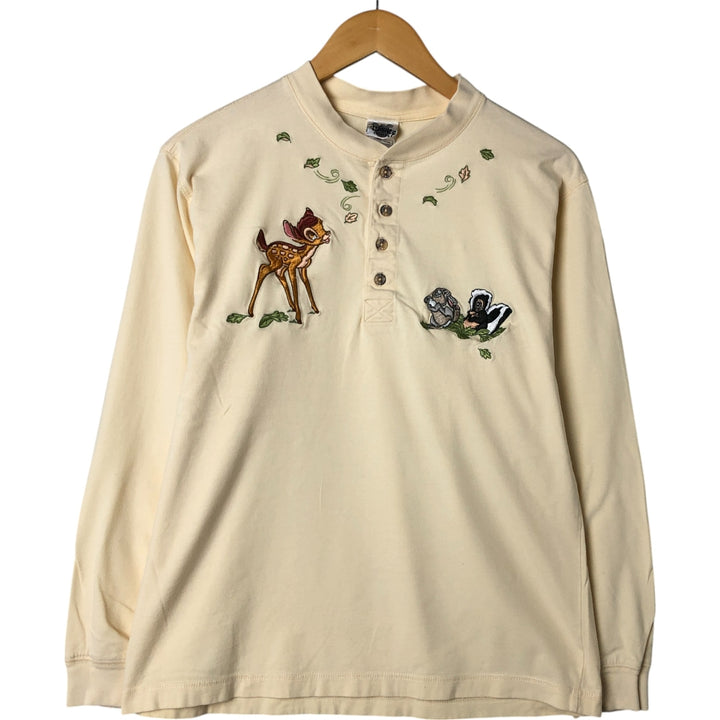 90'S DISNEY CATALOG BAMBI Henley neck character embroidered long T-shirt long T women's size S vintage cotton yellow type Vintage Second Hand