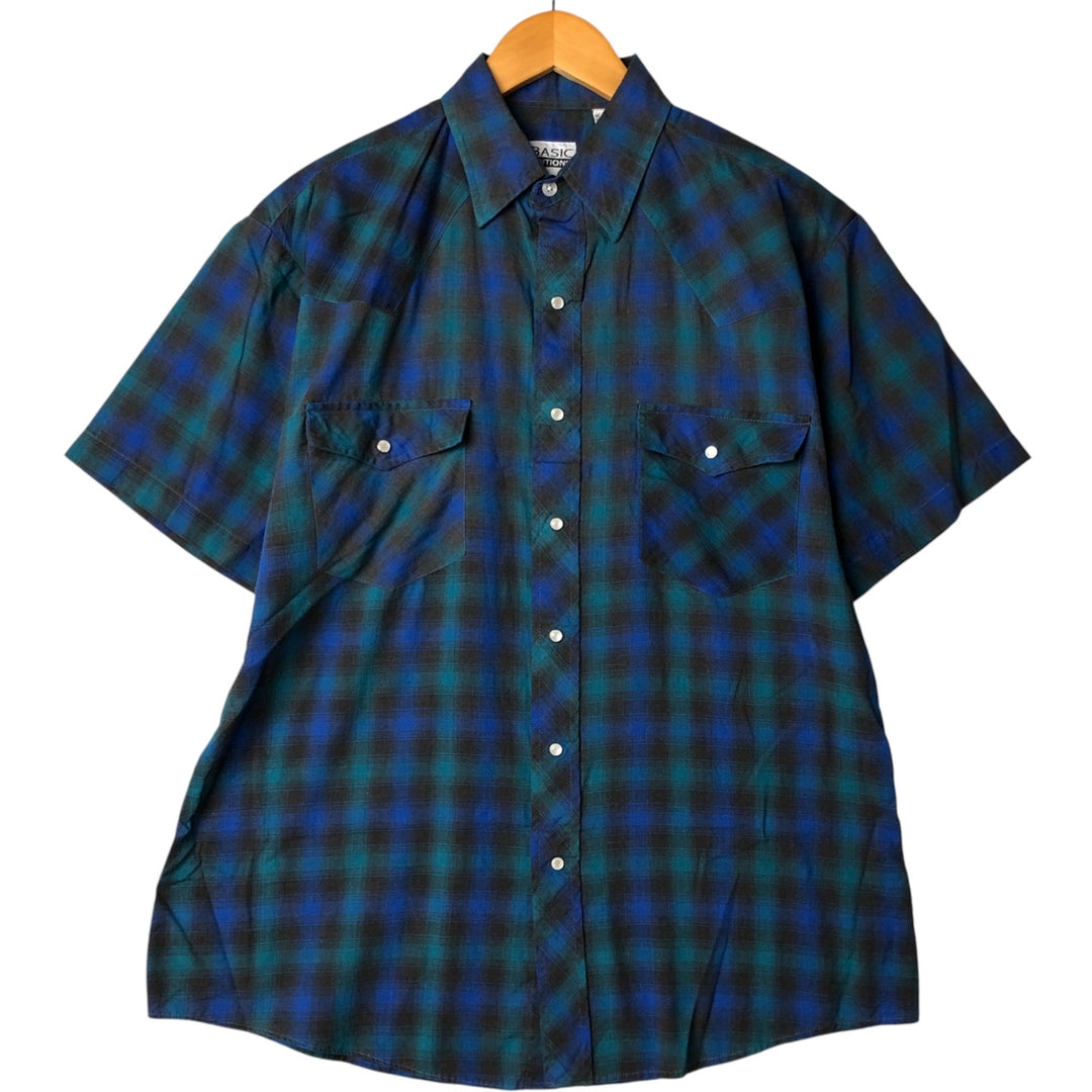 BASIC EDITIONS Ombre Check Short Sleeve Western Shirt, Men's Size Medium cotton blue type Vintage Second Hand