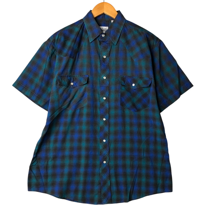 BASIC EDITIONS Ombre Check Short Sleeve Western Shirt, Men's Size Medium cotton blue type Vintage Second Hand