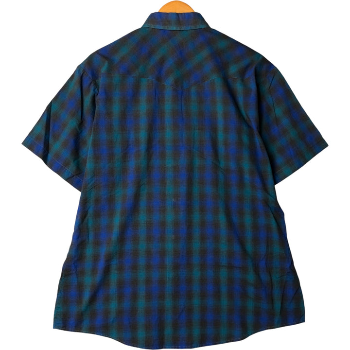 BASIC EDITIONS Ombre Check Short Sleeve Western Shirt, Men's Size Medium cotton blue type Vintage Second Hand