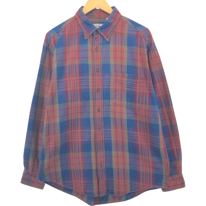 70s~80'S LLBean Long Sleeve Button Down Flannel Check Shirt Men's Size L Vintage cotton blue type Vintage Second Hand