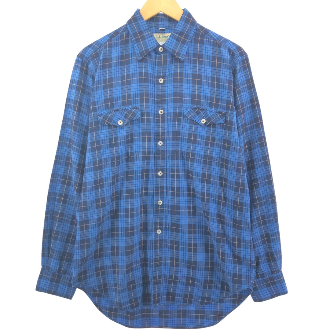70s~80'S LLBean Long Sleeve Light Nell Check Shirt Made in USA Men's Size L Vintage unclear navy blue type Vintage Second Hand