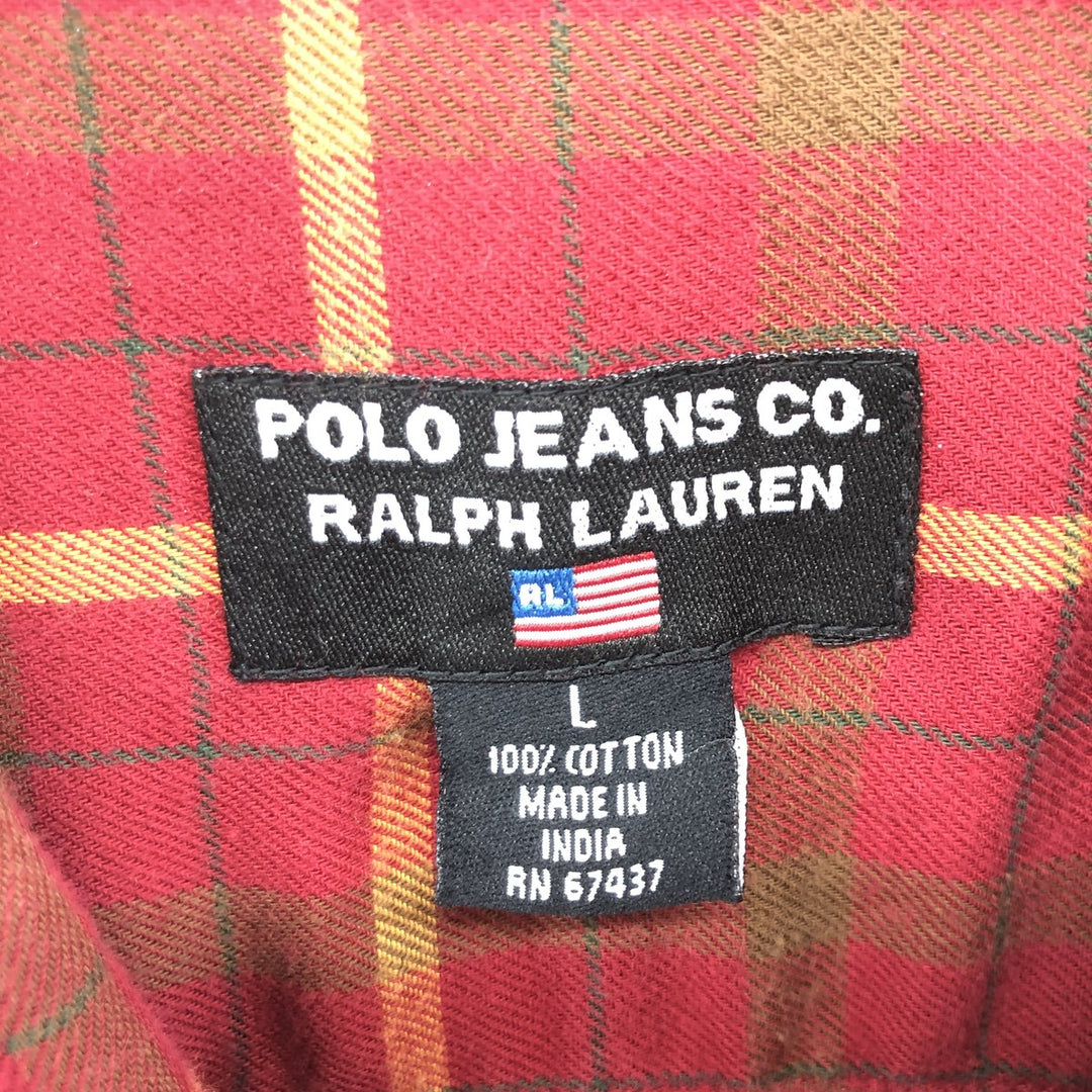 00'S Ralph Lauren POLO JEANS CO RALPH LAUREN Long Sleeve Light Flannel Check Shirt Box Shirt Men's Size L cotton red type Vintage Second Hand