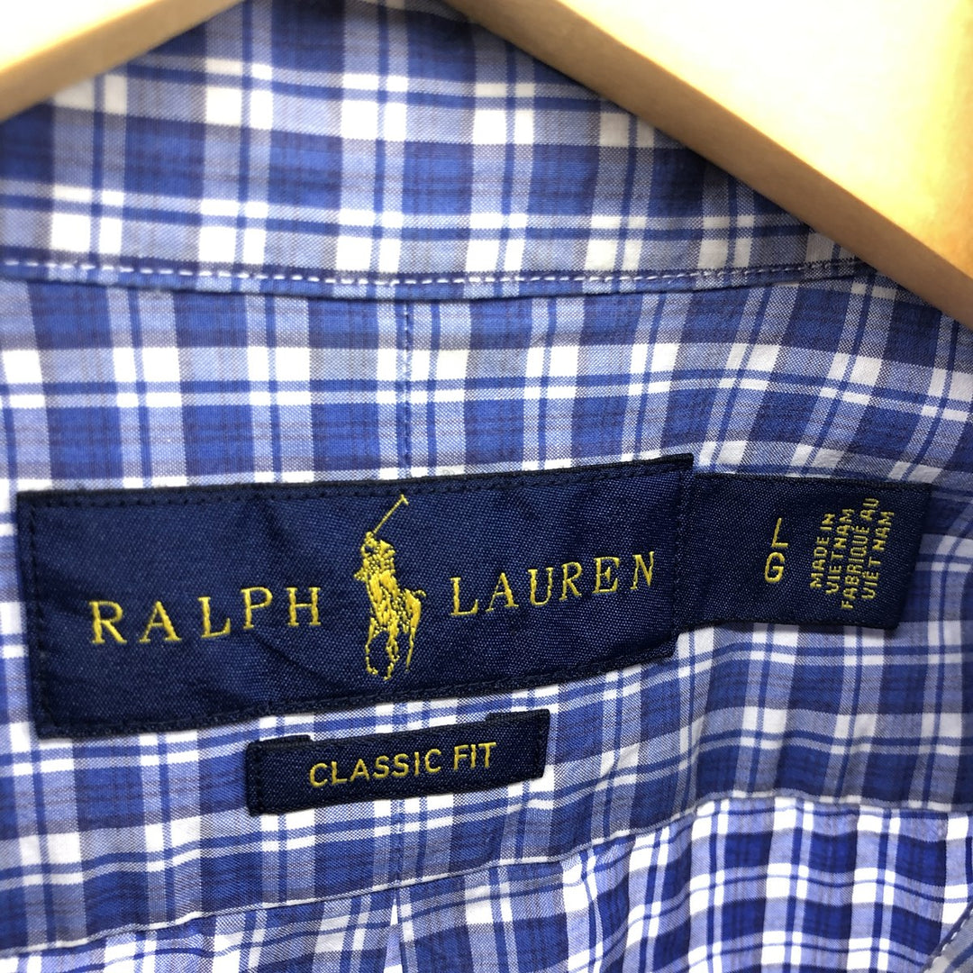 Ralph Lauren Classic Fit short sleeve button down check shirt, men's size L cotton blue type Vintage Second Hand